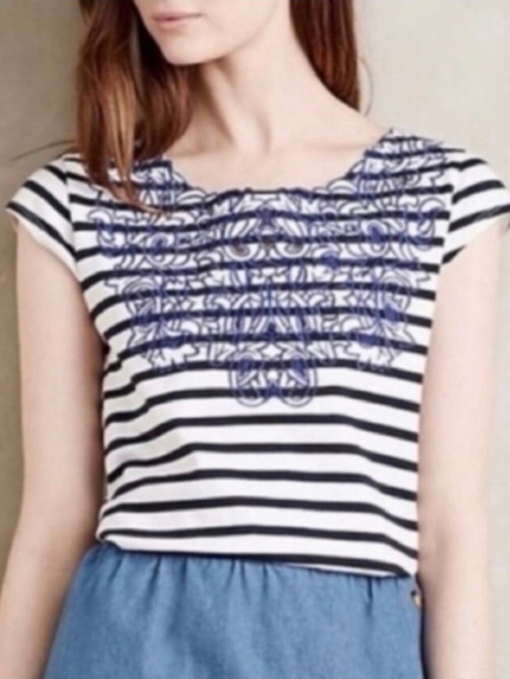 Anthropologie Striped Embroidered Tee